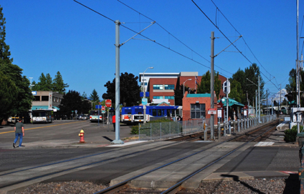 Gresham is well served by MAX and TriMet bus, as indicated by the Gresham Transit Center 
[photo by Steve Morgan]